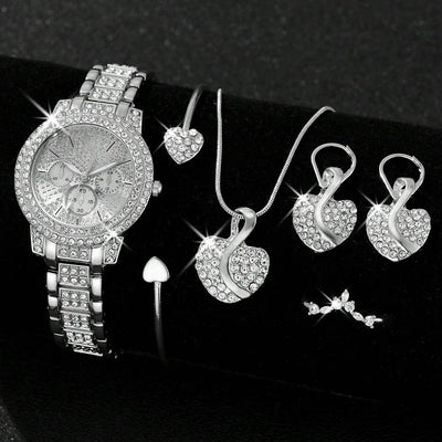 Women's Quartz Watch Gold Luxury Women Ring Necklace Earring Rhinestone Fashion Wristwatch Casual Ladies Watches Jewelry Set ﻿